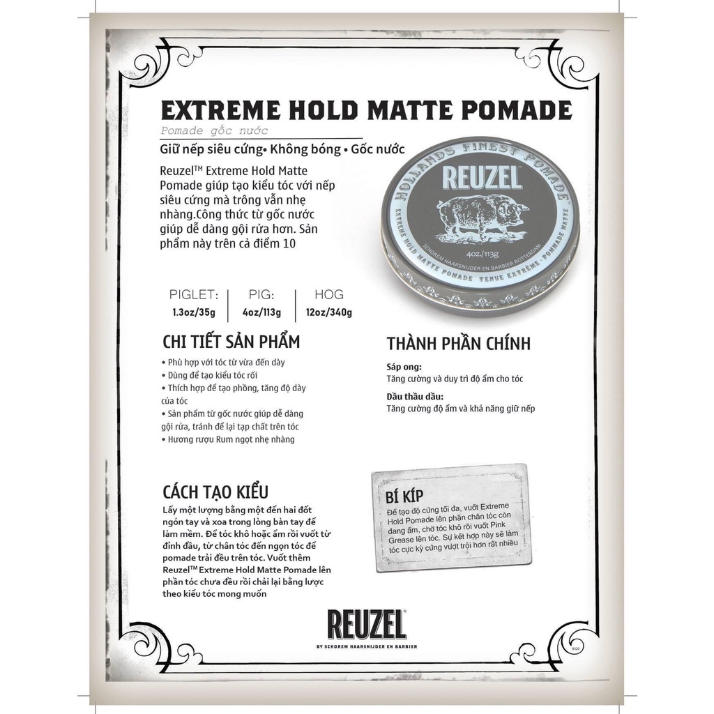 Sáp vuốt tóc nam Reuzel Extreme Hold Pomade 35g/113g/340g