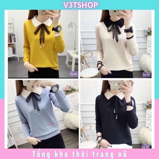 Áo len nữ dài tay cổ đức nơ ren đính ngọc, áo len đẹp  sẵn hàng tại shop( ảnh + video thật độc quyền )