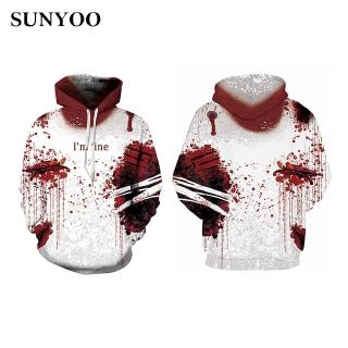 Áo hoodie màu trắng in hình máu 3D kèm túi cá tính
