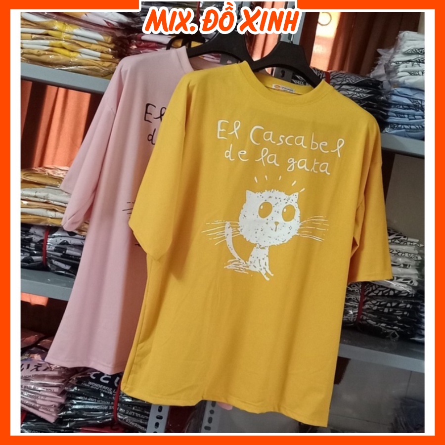 Áo phông unisex Thu Hà áo thun form rộng tay lỡ, chất thun cotton co giãn in hình Mèo Chữ De La Ga Ta