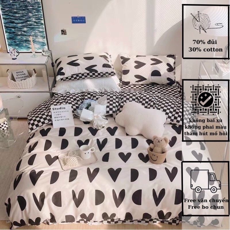 Bộ Vỏ Chăn Ga Gối Cotton Poly Tim Đen Phối Kẻ Caro 4 Món Hàng Nhập Khẩu Siêu Mềm Mịn Chống Bai Xù