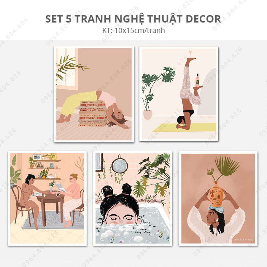 Bộ 5 tranh dán tường, dày 5mm tranh decor, trang trí tranh canvas sticker có sẵn băng keo 2 mặt