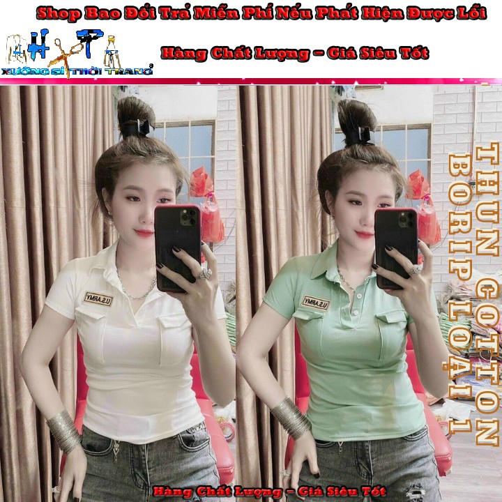 Áo thun croptop cổ bẻ phlối cúc bấm thêu logo mẫu mới thời trang 2020