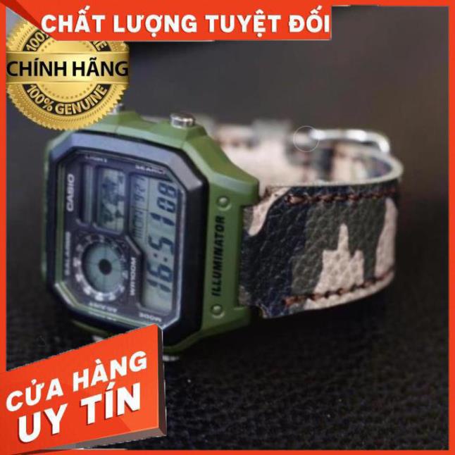 Dây Casio Ae1200 Da Bò Thật Rằn Ri Quân Đội - Ram Leather +