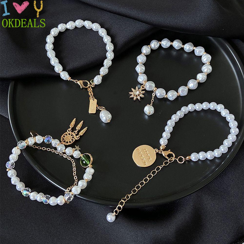 OKDEALS Women Pearl Alloy Pendant Gift Jewelry Thick Chain Pearl Bracelet Party Fashion Exquisite Bangle Charm Imitation