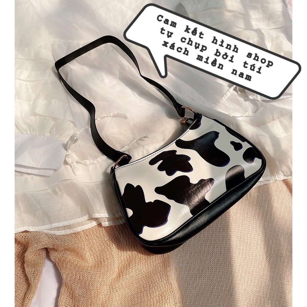 Túi kẹp nách nữ họa tiết bò sữa unisex form chuẩn da bóng, túi bò sữa đeo vai | BigBuy360 - bigbuy360.vn