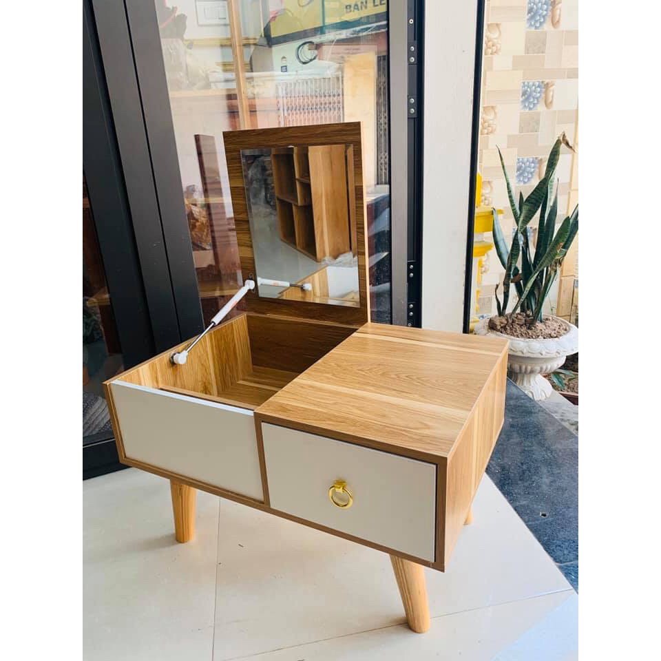 Bàn trang điểm có gương mini nhỏ gọn ngồi bệt - Kệ gỗ MDF phun sơn phủ bóng có tủ chứa mỹ phẩm tiện lợi