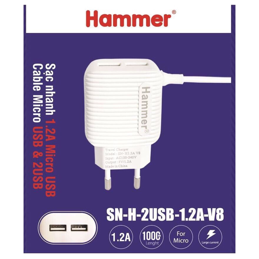 Sạc liền dây Hammer 1.2A, 2 CỔNG USB, Có đèn Led, Hàng Chính Hãng, bảo hành 12 tháng