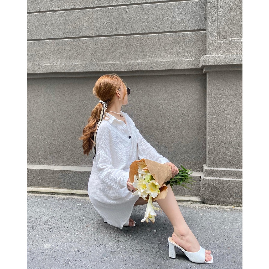 Đầm sơmi nữ tay dài dáng suông form rộng vải muslin cao cấp - Byveestyle