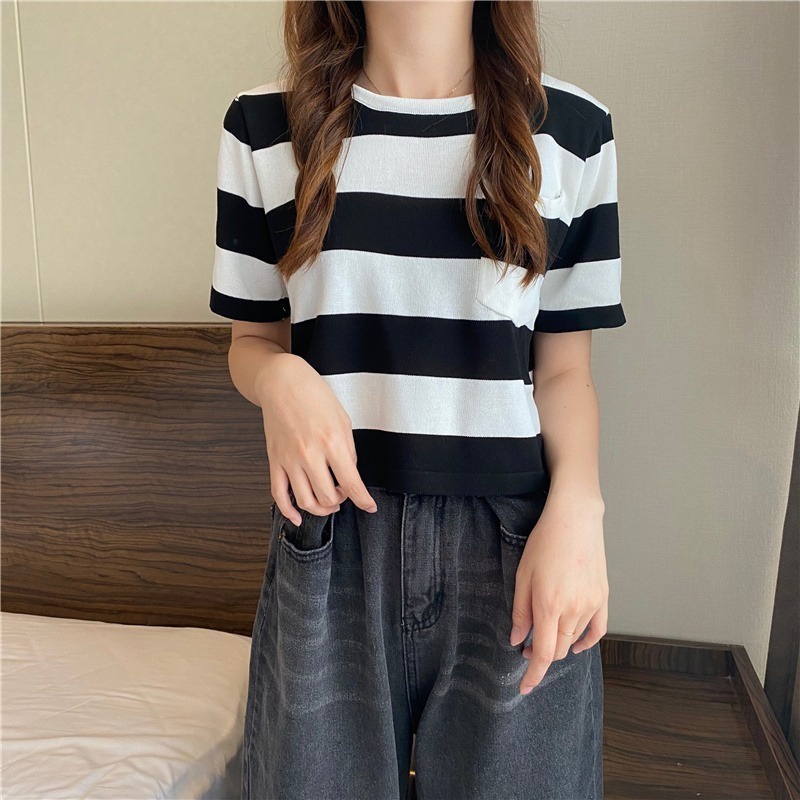 Áo thun dệt kim ZHELIHANGFEI ngắn tay họa tiết kẻ sọc trẻ trung cá tính
