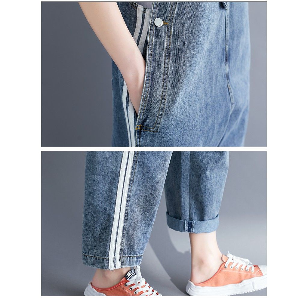[ORDER] Quần yếm jean bigsize xanh phối sọc cá tính (fit đến 78kg) - Có ảnh thật | BigBuy360 - bigbuy360.vn