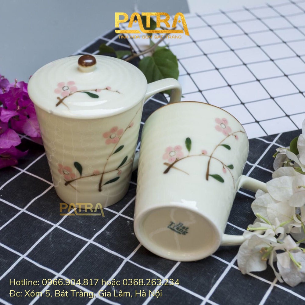 Cốc sứ có nắp, ly sứ men kem Bát Tràng cao cấp, cốc uống nước có quai 350ml nhiều mẫu lựa chọn