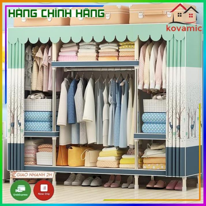 [CAO CẤP] Tủ vải khung gỗ 3 buồng bọc nhựa - chốt nhựa vải cotton