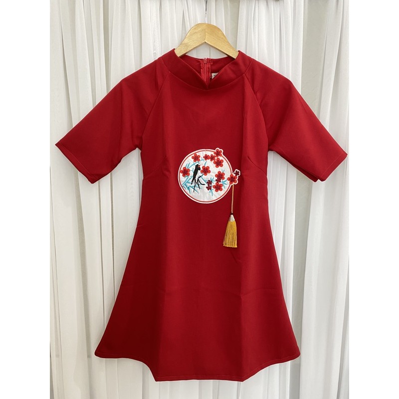 [Vải xịn] Đầm tết màu đỏ thêu hoa đào cực dễ thương vải mịn dày dặn mã [TẾT ĐÀO