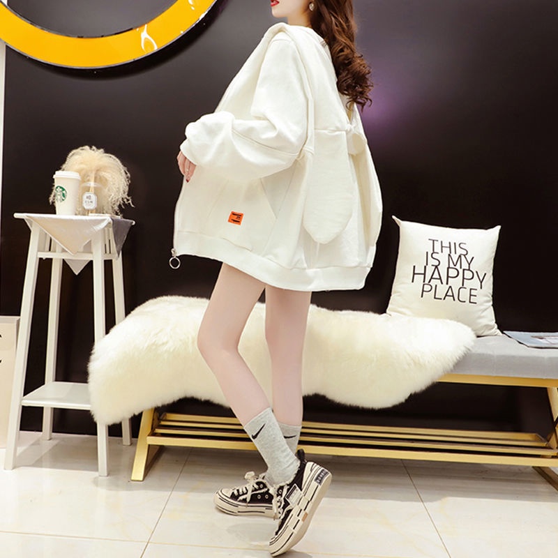 Áo khoác cardigan có mũ trùm tai thỏ thời trang mùa thu hàng mới Hàn Quốc 2021 dành cho bạn nữ