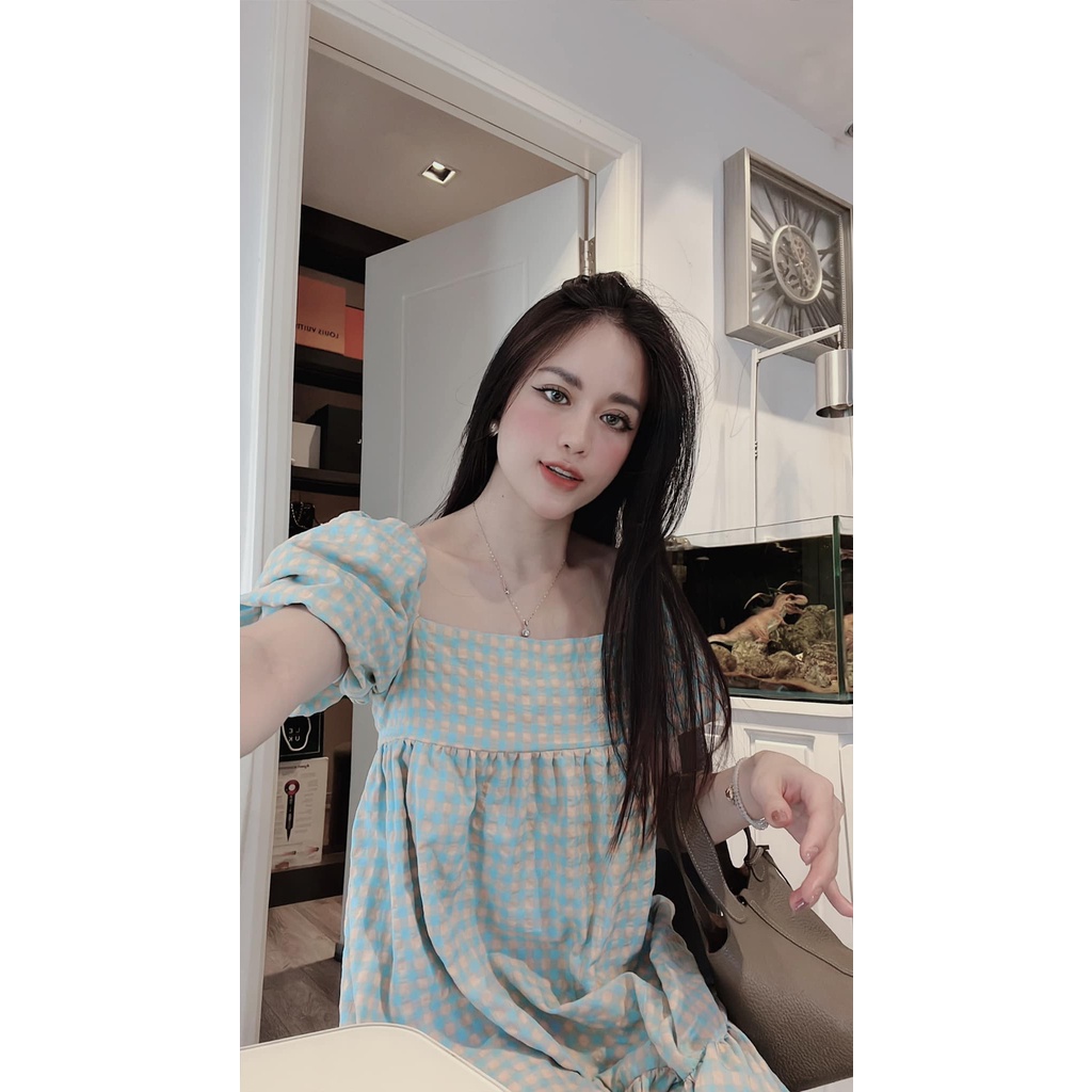 ĐẦM caro CỔ VUÔNG HOTTREND MÀU HOT HOT QUÁ LUÔN Ạ