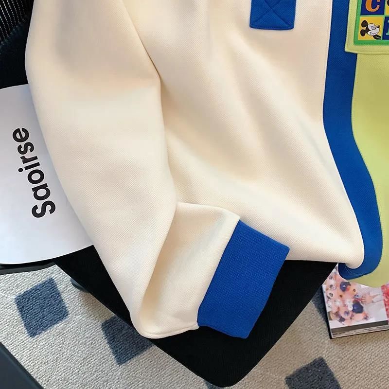 Áo Sweater Tay Dài Có Túi In Họa Tiết Hoạt Hình Màu Tương Phản Thời Trang Mùa Thu Cho Nữ