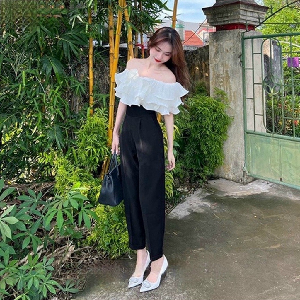 Quần tây Baggy nữ lưng cao cạp V, Quần Baggy nữ dáng công sở khóa sườn màu đen tuyết mưa cao cấp Okélla