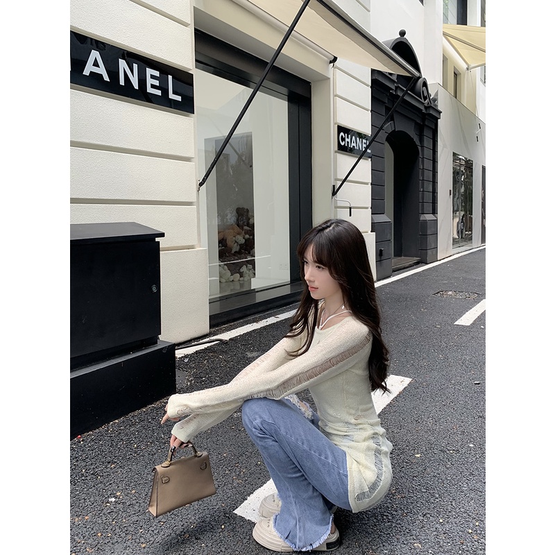 Cocory vn Áo Dệt Kim Tay Dài Dáng Ôm Khoét Lỗ Thời Trang Quyến Rũ Cho Nữ