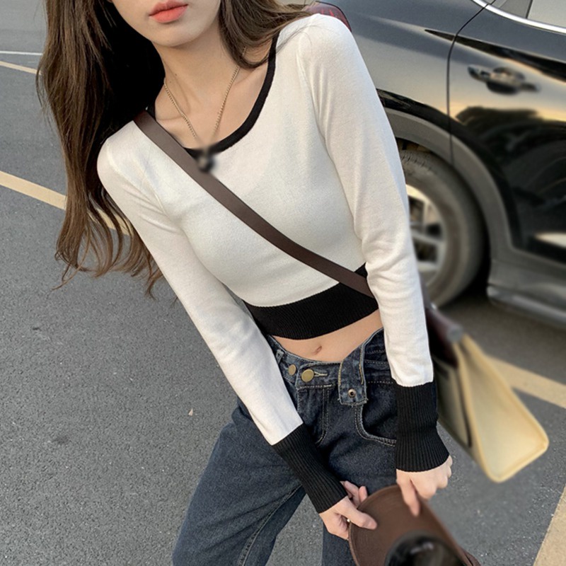 Áo Croptop Dệt Kim Tay Dài Cổ Thuyền Màu Sắc Quyến Rũ Thời Trang Cho Nữ
