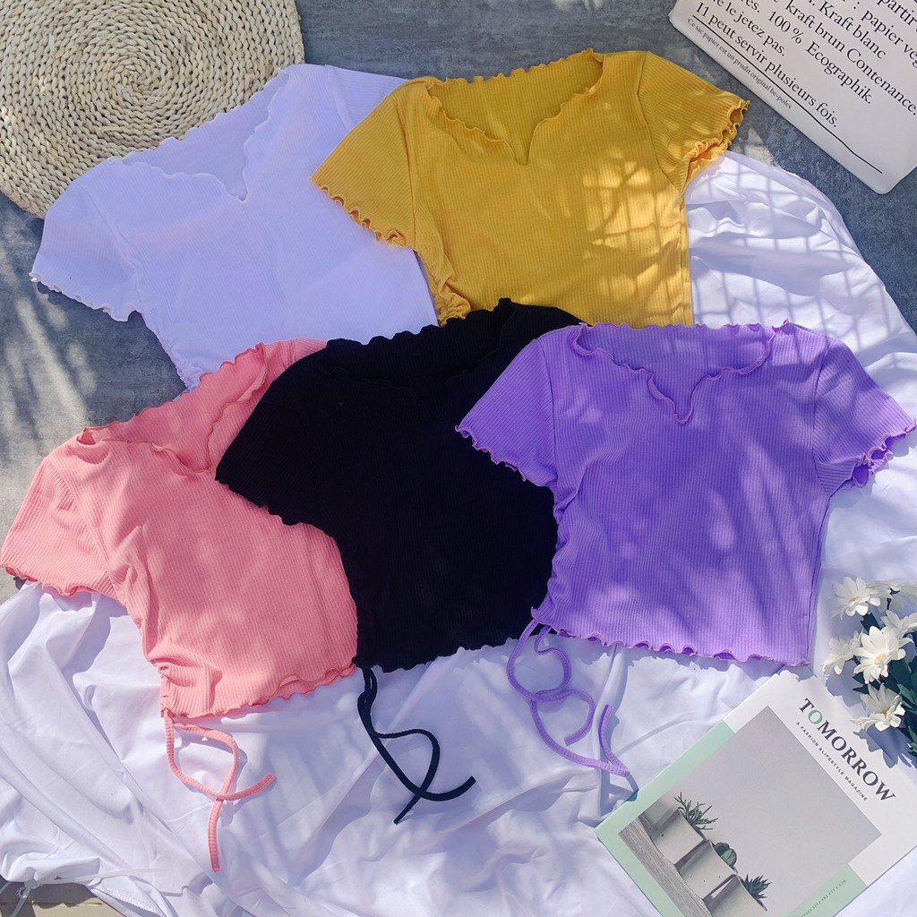 áo croptop kiểu cổ xẻ v rút dây hông xinh