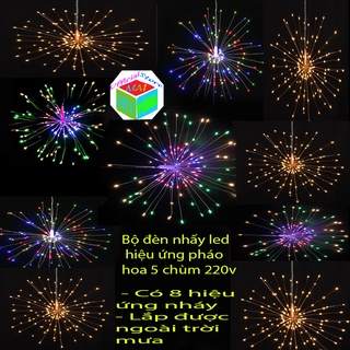 Đèn nháy Led hiệu ứng pháo hoa, pháo bông siêu đẹp 5 chùm lắp dược ngoài trời mưa 3 màu và vàng nắng