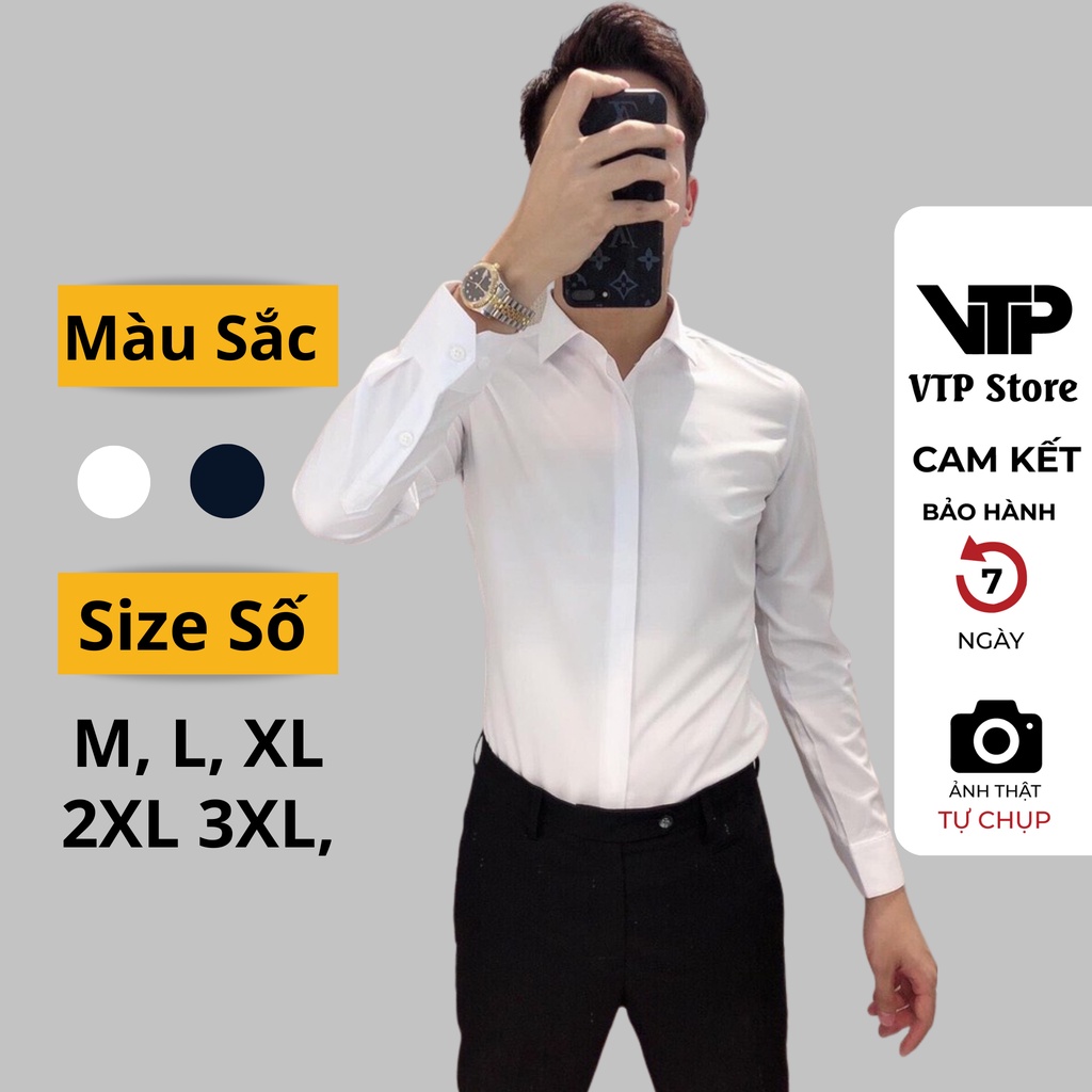 Áo sơmi nam trơn giấu cúc dài tay cổ bẻ, Áo sơmi trắng nam vải lụa không nhăn thoáng mát thấm hút tốt
