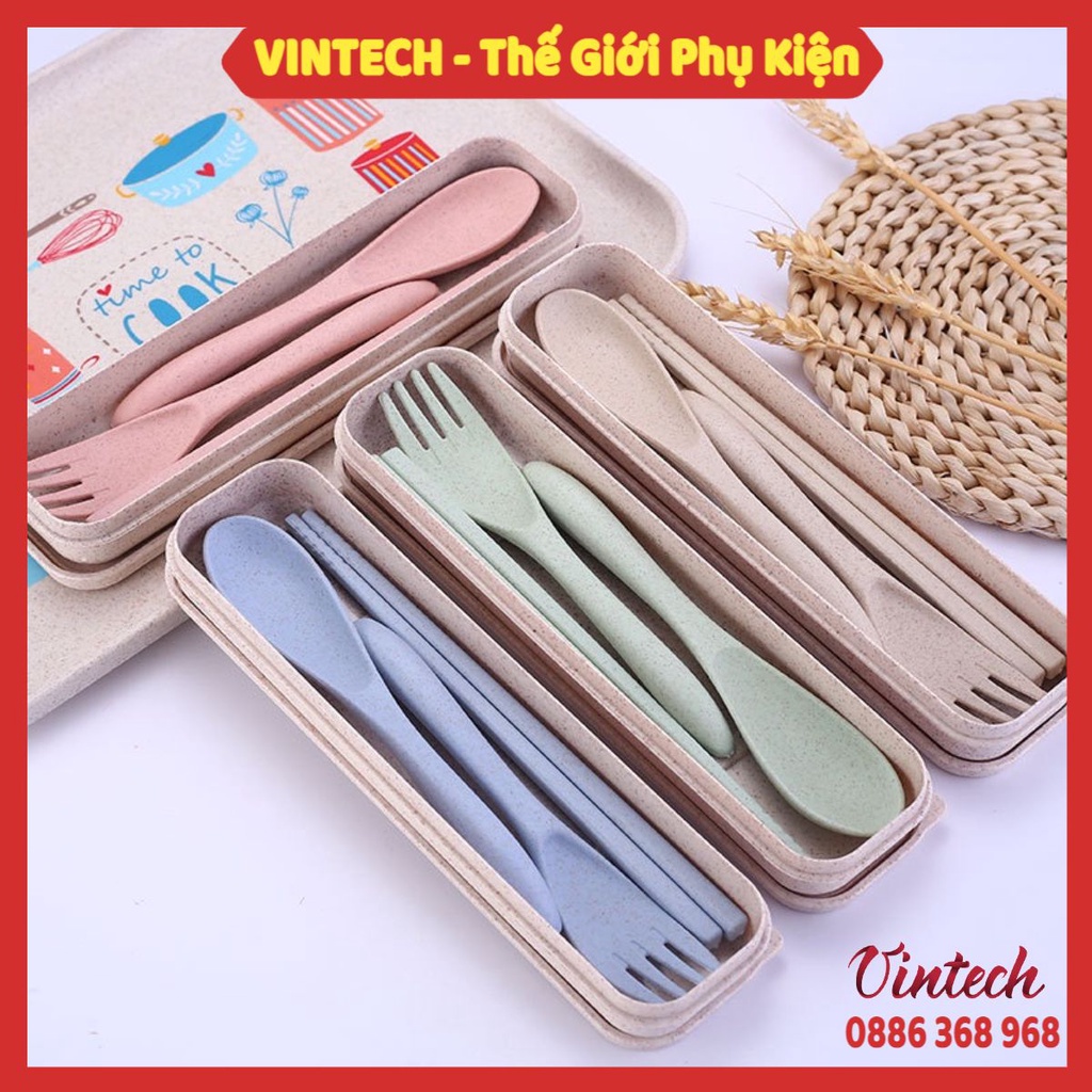 Bộ thìa đũa dĩa lúa mạch, inox không gỉ ăn trưa văn phòng du lịch có hộp đựng vệ sinh bỏ túi nhỏ gọn