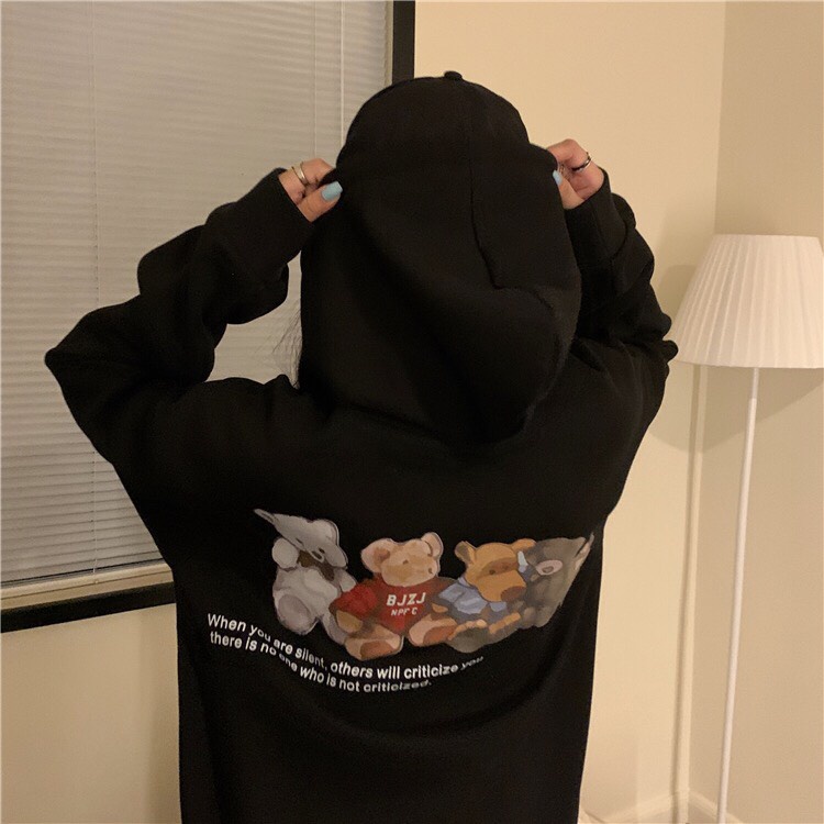 Áo hoodie nam nữ form rộng 2N Unisex nỉ bông 5 gấu bông màu đen/be