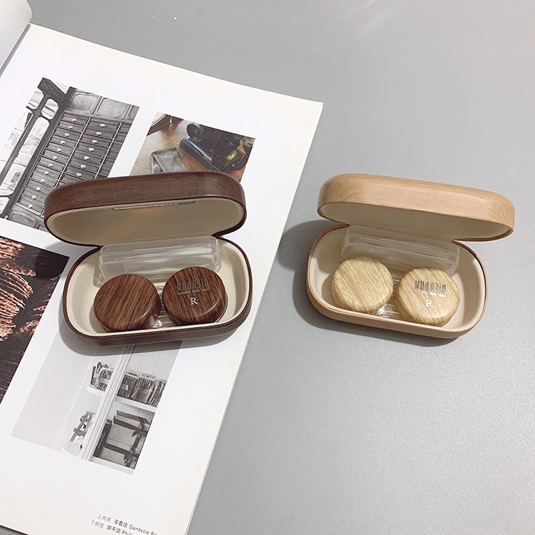 Hộp đựng kính áp tròng bằng da họa tiết vân gỗ phong cách Nhật Bản cổ điển