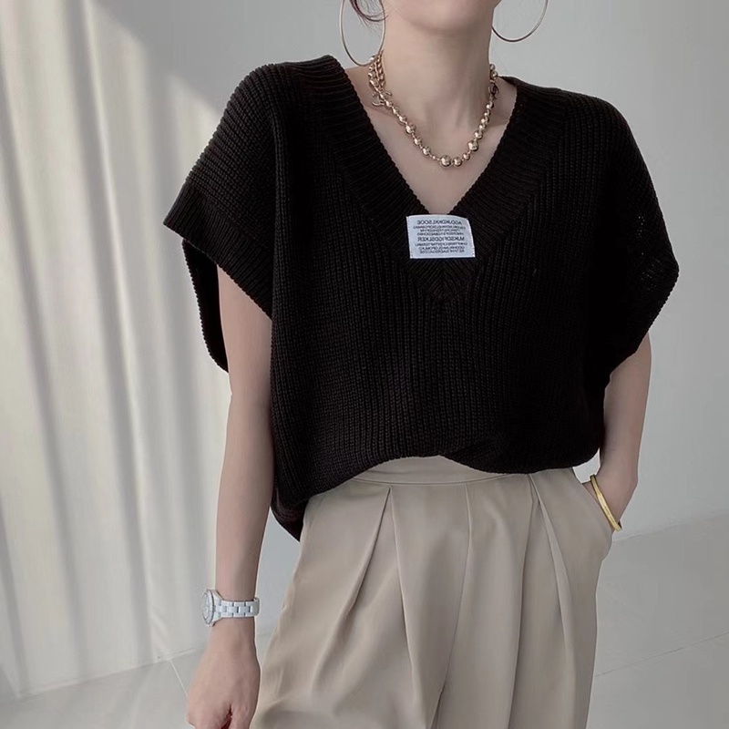 IELGY Áo Dệt Kim Mỏng Mùa Hè Dáng Suông Cộc Tay Cổ Chữ V Cho Nữ