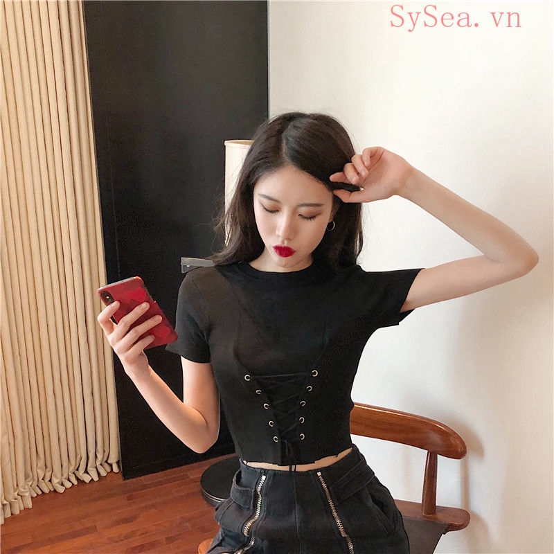 Áo Croptop Dệt Kim Tay Ngắn Thiết Kế Đơn Giản Hợp Thời Trang