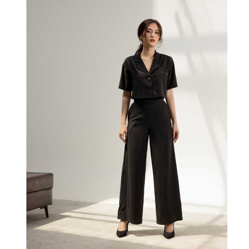 Set áo vest crop top quần dài ống rộng công sở cá tính - 2 màu trắng, đen