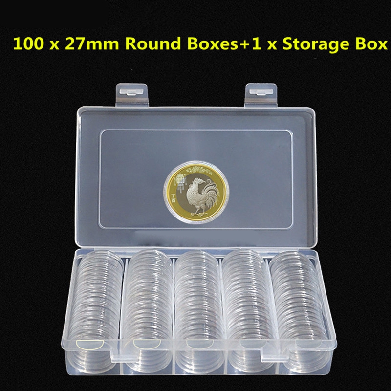 100pcs 27mm Plastic Clear Round Cases Coin Storage Capsules Holder Container+Box