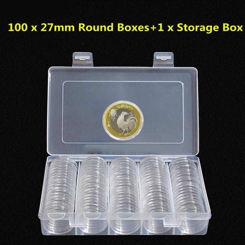 100pcs 27mm Plastic Clear Round Cases Coin Storage Capsules Holder Container+Box