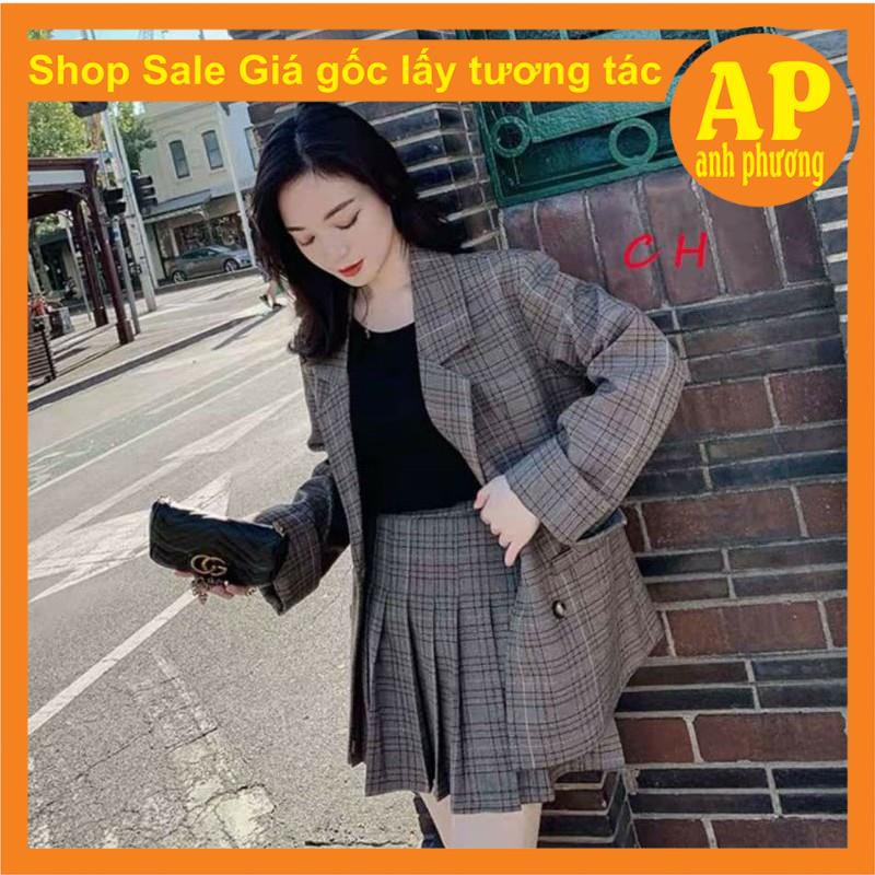 Sét vest váy xếp ly kẻ có ảnh thật sp🎁Áo khoác kẻ có cúc mix chân váy kẻ 2 lớp🍄bên trong có quần, chân váy có khoá hông | BigBuy360 - bigbuy360.vn