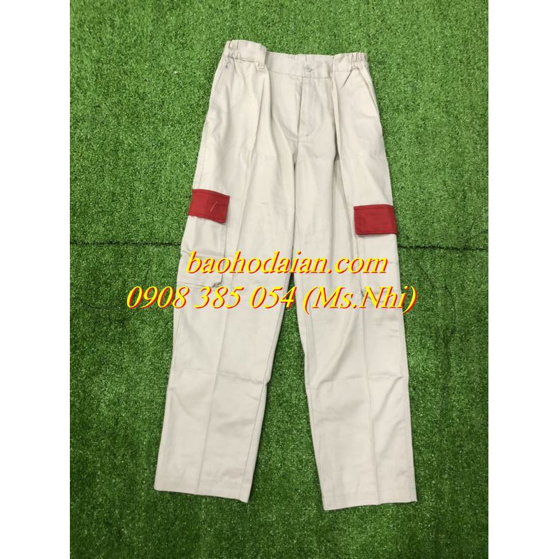 Quần áo bảo hộ lao động màu kem phối đỏ vải kaki thấm hút mồ hôi M04- Hình thật