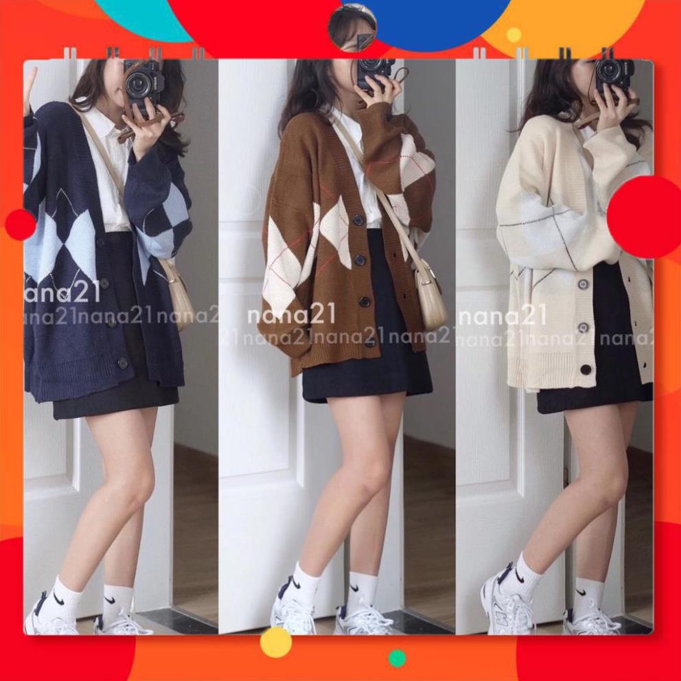Áo khoác cadigan len quả trám dáng rộng ulzzang - Áo cardigan len caro hàng Quảng Châu