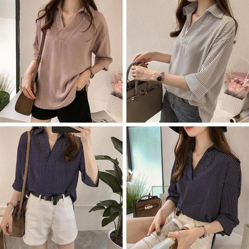 Áo cổ chữ V tay lửng hoạ tiết kẻ sọc vải chiffon dành cho nữ