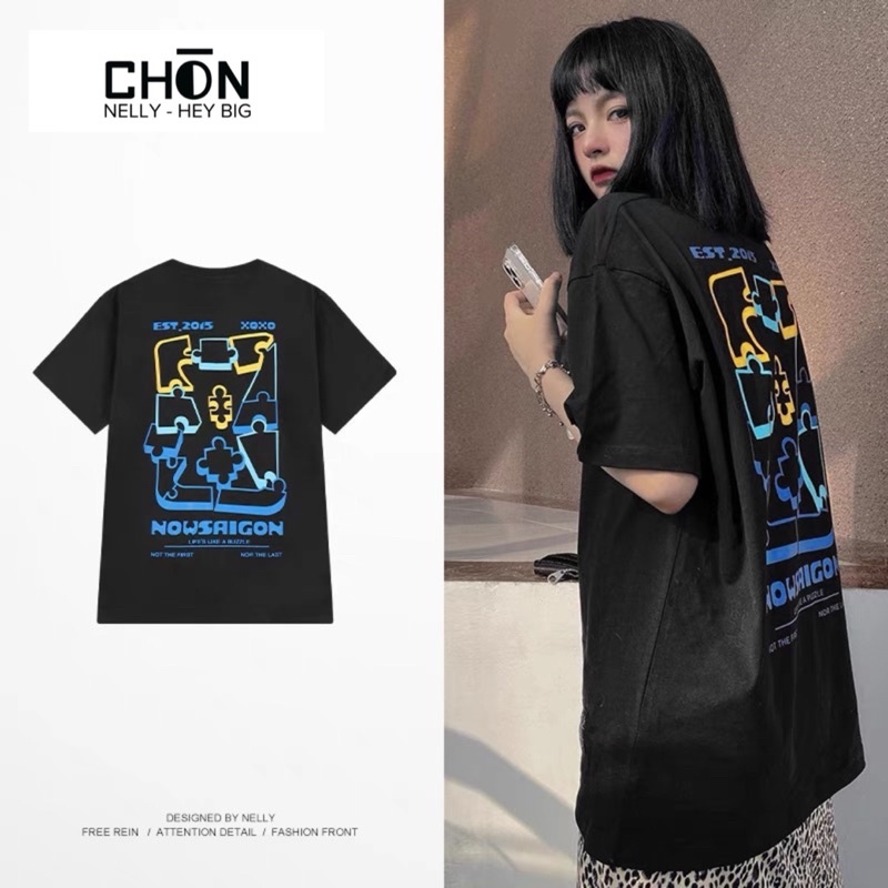 Áo thun NELLY, chính hãng, sẵn hàng, dáng Unisex MÀU ĐEN NHIỀU HÌNH IN