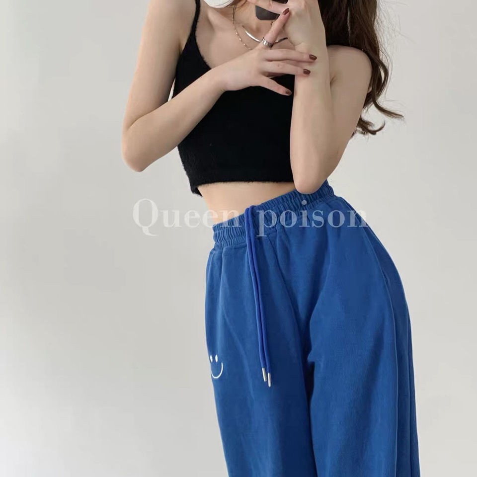 Quần thể thao lưng thun thêu hình mặt cười dáng rộng thời trang xuân hè cho nữ 2021