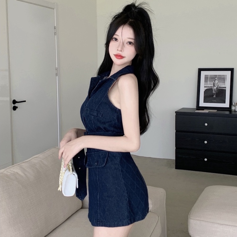 Đầm Denim Không Tay Cổ Bẻ Phong Cách Hàn Quốc Thời Trang Mùa Hè Mới Cho Nữ