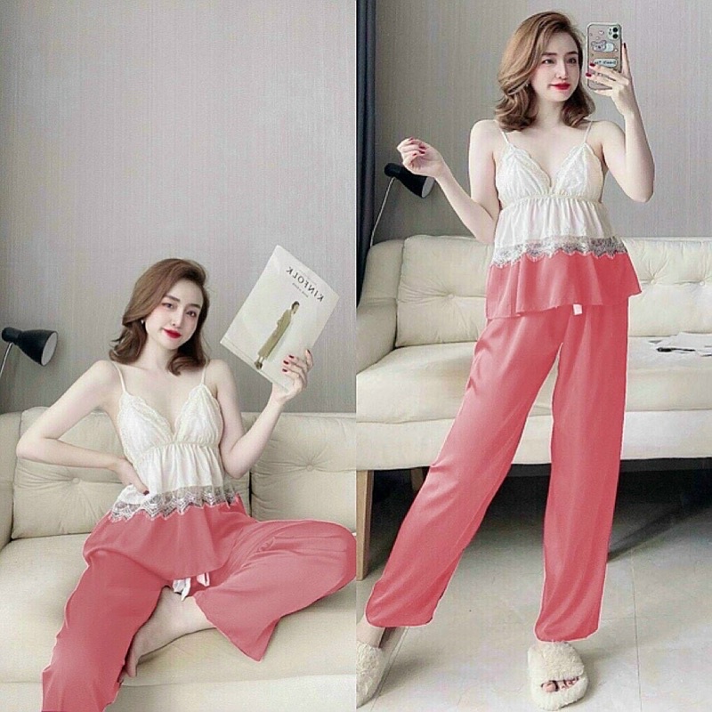 Set bộ ngủ dài hai dây lụa satin phối lưới có mút cao cấp | BigBuy360 - bigbuy360.vn
