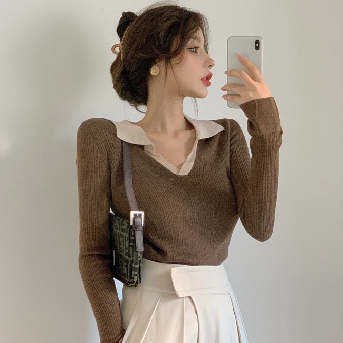 Fashion long-sleeved knitted sweater women's stitching V-neck long-sleeved top