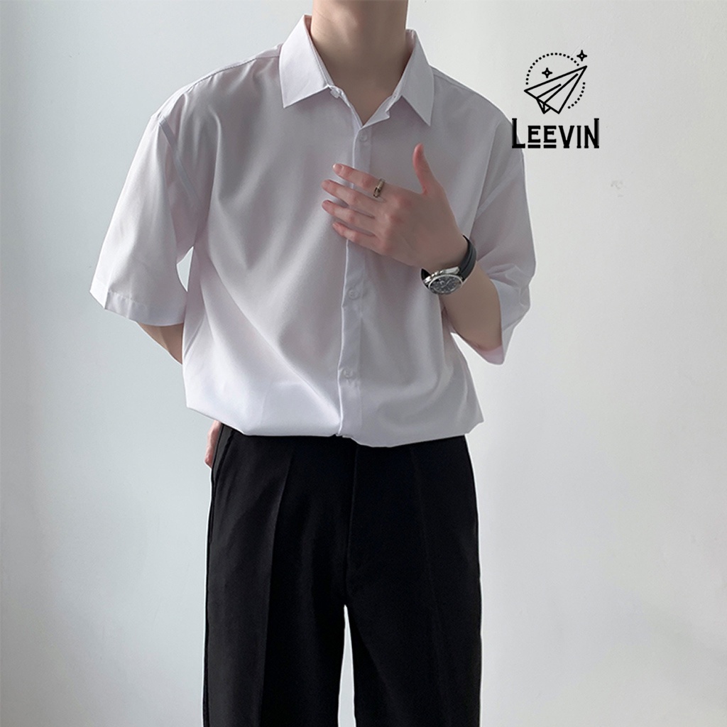 Áo Sơ Mi Ngắn Tay Nam Nữ Unisex Basic TRƠN Vải Cotton Lụa Trắng Và Đen - Kiểu sơ mi tay cộc tay nam Leevin Store