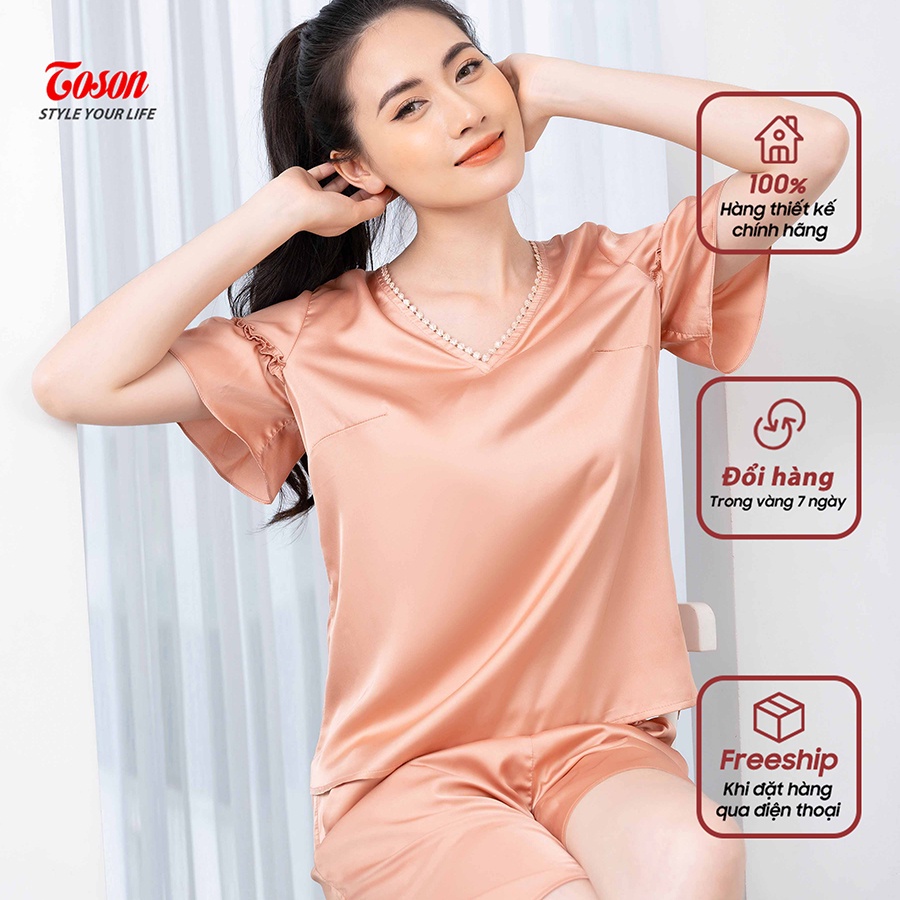 Bộ đồ măc nhà lụa : áo cổ V phối ren tay nhún bèo+ Quần sooc -MN001P51- TOSON