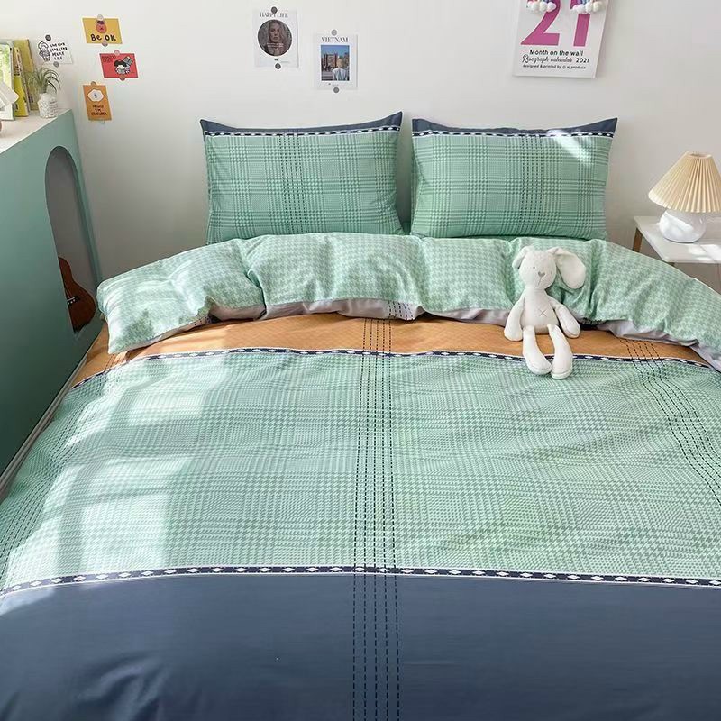 Bộ chăn ga gối cotton organic 4 món kẻ xanh - DREAMHOME