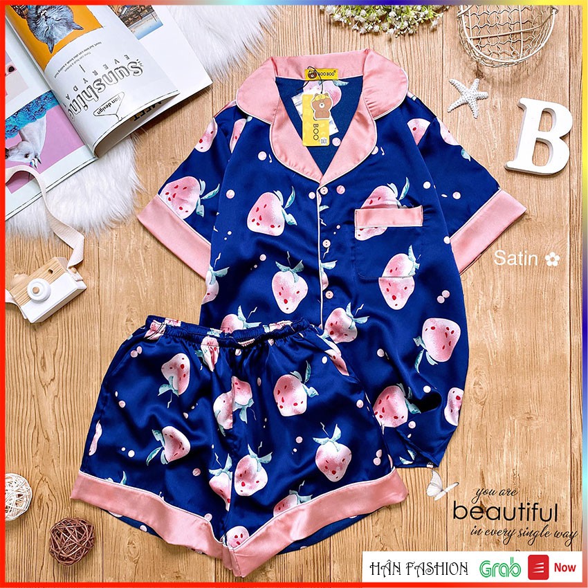 Bộ Ngủ Pijama Nữ Lụa Satin Cao Cấp Tay Ngắn, Quần Đùi - Trái Dâu Dễ Thương - Đồ Ngủ Nữ | Hân Fashion | Ship 2H | BigBuy360 - bigbuy360.vn