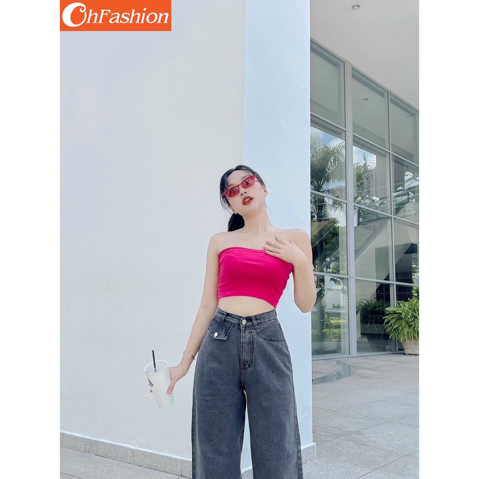 Quần jean nữ ống rộng túi nắp phía trước màu xanh xám, quần bò nữ lưng cao dáng suông basic OHS260