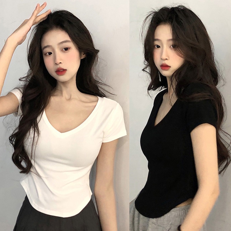 Áo Croptop Tay Ngắn Cổ Chữ V Màu Sắc Thanh Lịch Thiết Kế Độc Đáo